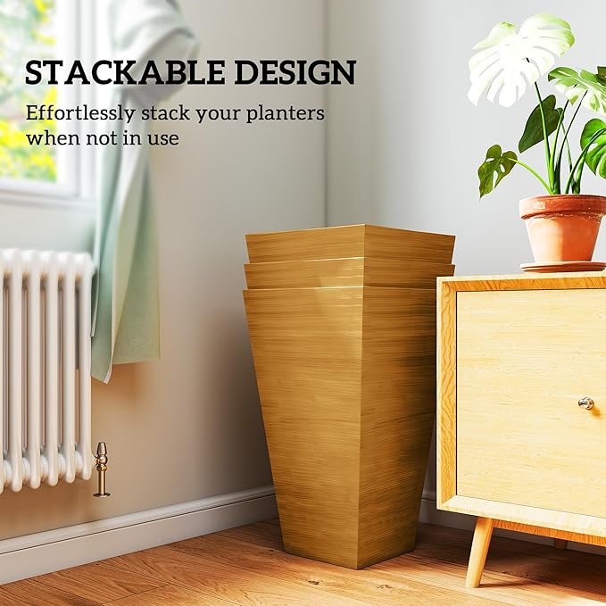 Outsunny Tall Planter for Outdoor Plants Set of 3, 28 Inch Taper Planter with Drainage Holes, Wood Grain Decor Garden Pot for Indoor Outdoor Porch Patio Backyard, Light Brown