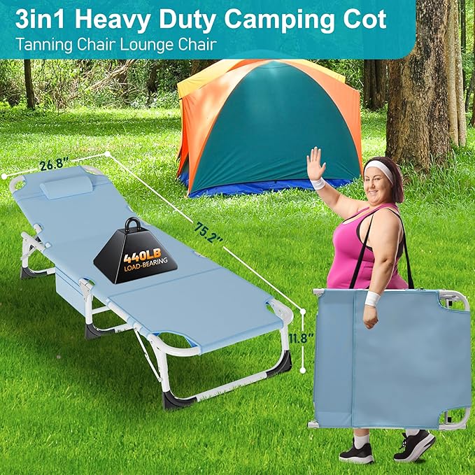 ABORON 3 in 1 Sun Tanning Chair Oversized with Mat&Face Arm Hole, Heavy Duty Folding Chaise Lounge Chairs, 5-Position Outdoor Lounge Chair/Pillow, for Beach, Pool, Lawn, Yard, Patio