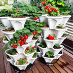 7 Tiered Strawberry Planters 3 Pack, Vertical Stackable Planter, Herb Stacking Tower Garden, Flower and Vegetable Planters with Support Pole Indoor & Outdoor with Removable Wheels - White