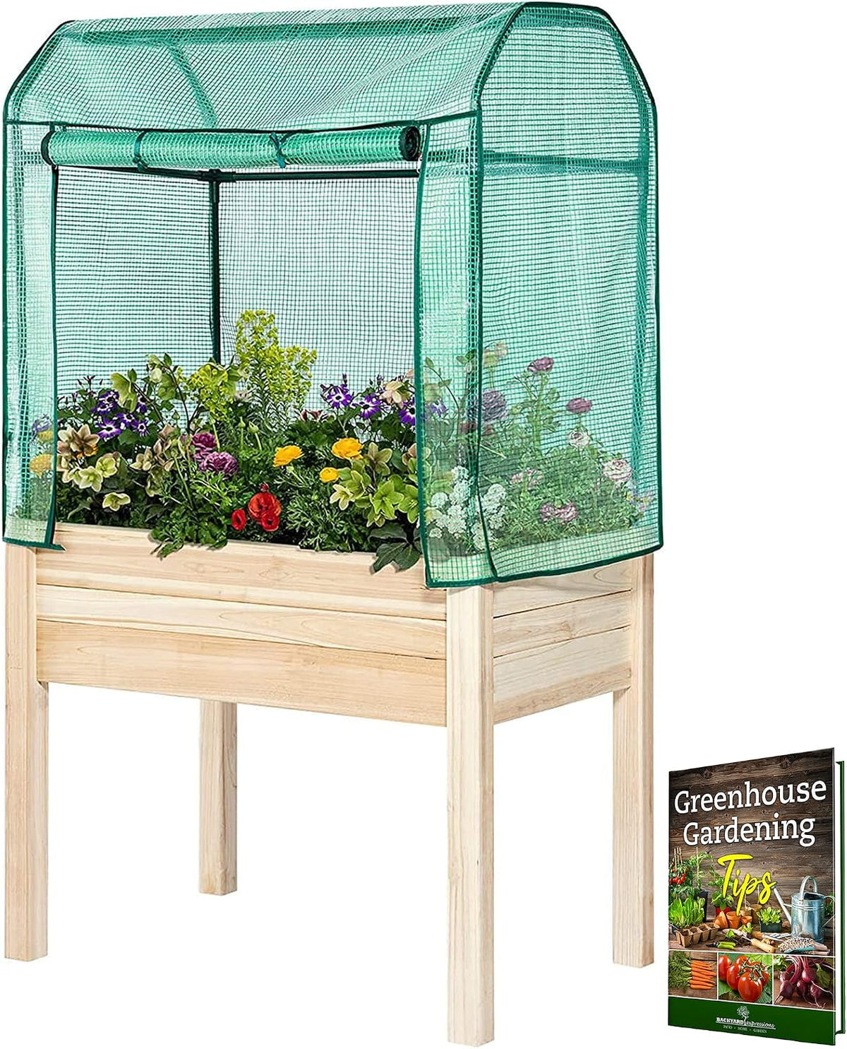 elevated wood gardening bed with green house cover, main product view