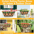 Riare 4 Pack 16 Inch Metal Railing Planter Window Box with Coco Liner- Adjustable Window Flower Boxes for Railings, Hanging Rail Planters for Deck, Balcony, Porch, Fence, Indoor Outdoor Plants