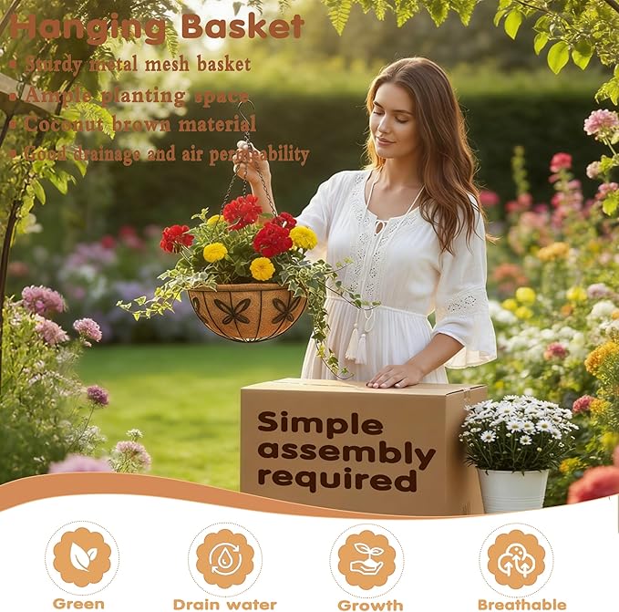 Metal 10 inch Round Planter, 4 Pack Hanging Wire Basket with Coco Fiber Liners for Outdoor Plants, Garden, Patio, Deck, Porch