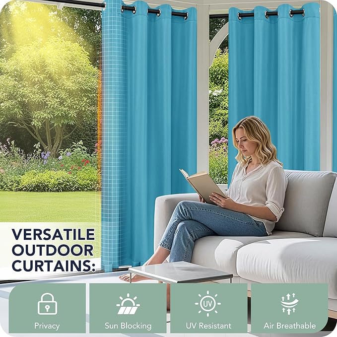 Outdoor Curtains for Patio Waterproof 6 Panels - Windproof, Privacy, Weatherproof Outside Drapes for Gazebo Pergola Porch, Grommet Top and Tab Bottom, 54x84 Inch, Teal