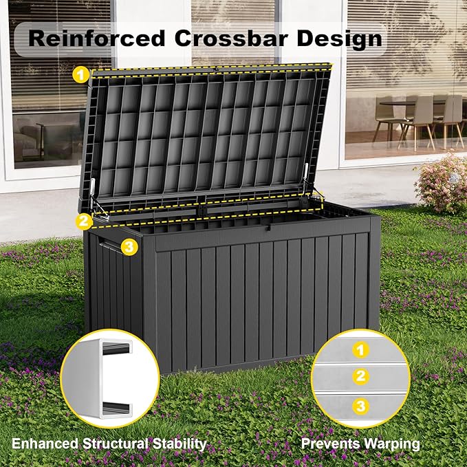 260 Gallon Outdoor Deck Box, Lockable Waterproof Outdoor Storage Boxes For Garden Tools,Indoor Cushions,Accessories Outside Storage Resin Weatherproof Container(Black)