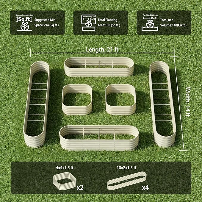 6-Pack 18” Tall Galvanized Raised Garden Beds – New Home Garden Layout, Fits 300 Sq Ft Backyard, 10x2x1.5 & 4x4x1.5 ft Metal Planter Raised Beds Set for Vegetable, Herb & Flower-Brooklyn Grey