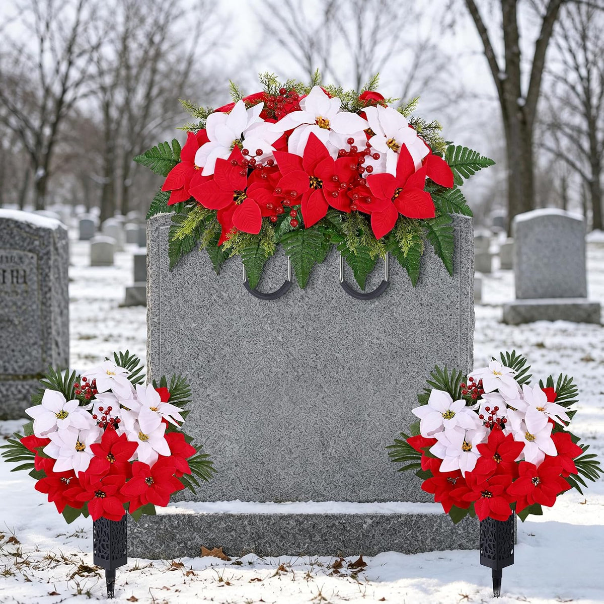 3 sets christmas cemetery flowers for grave, poinsettia on a desk or shelf
