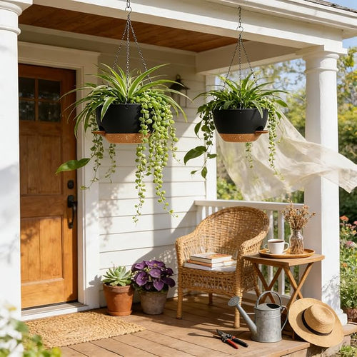 13 Inch 2 Pack Large Self Watering Hanging Planters for Indoor Outdoor Plants, Hanging Plant Pots with Removable 50 Oz Reservoir, Plastic Hanging Basket for Window Porch Garden, Black with Brown