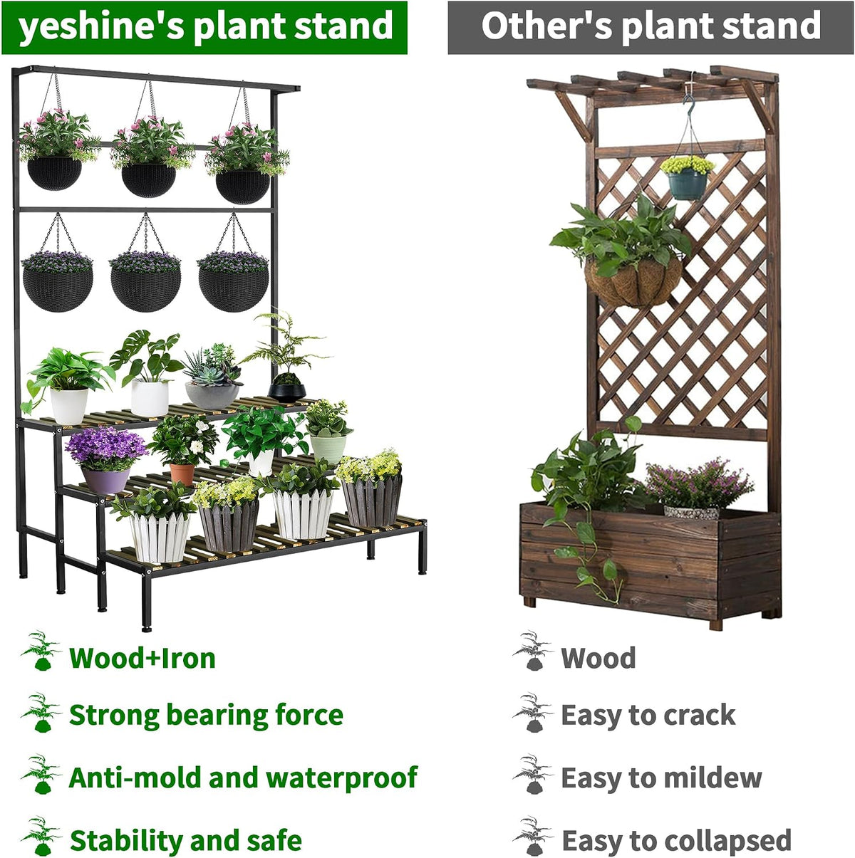 large plant stand, indoor outdoor, hanging with bar shown in use