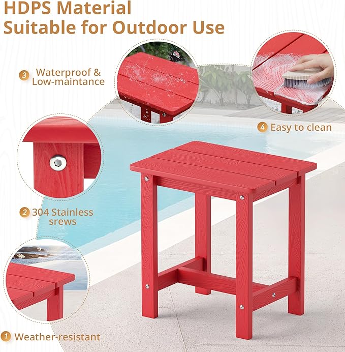 LUE BONA Outdoor Side Table, HDPS Small Outdoor Adirondack Side Tables, Outside End Table for Patio, Porch, Deck, Pool, Weather Resistant/Easy Maintenance,Bright Red