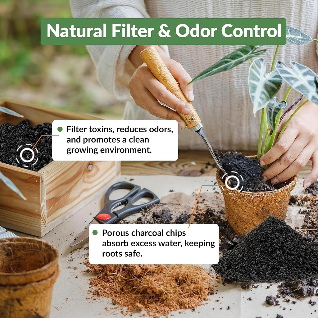 old potters premium horticultural charcoal chips, natural soil on a desk or shelf