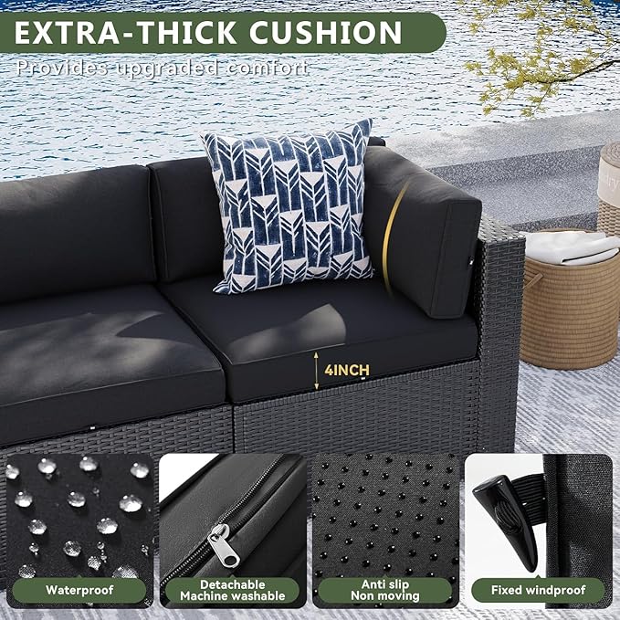 Aoxun 8 Piece Patio Furniture Set with 44” Fire Pit Table, Wicker Rattan Patio Sectional Sofa, Outdoor Furniture Set with Thickened Cushion, Black