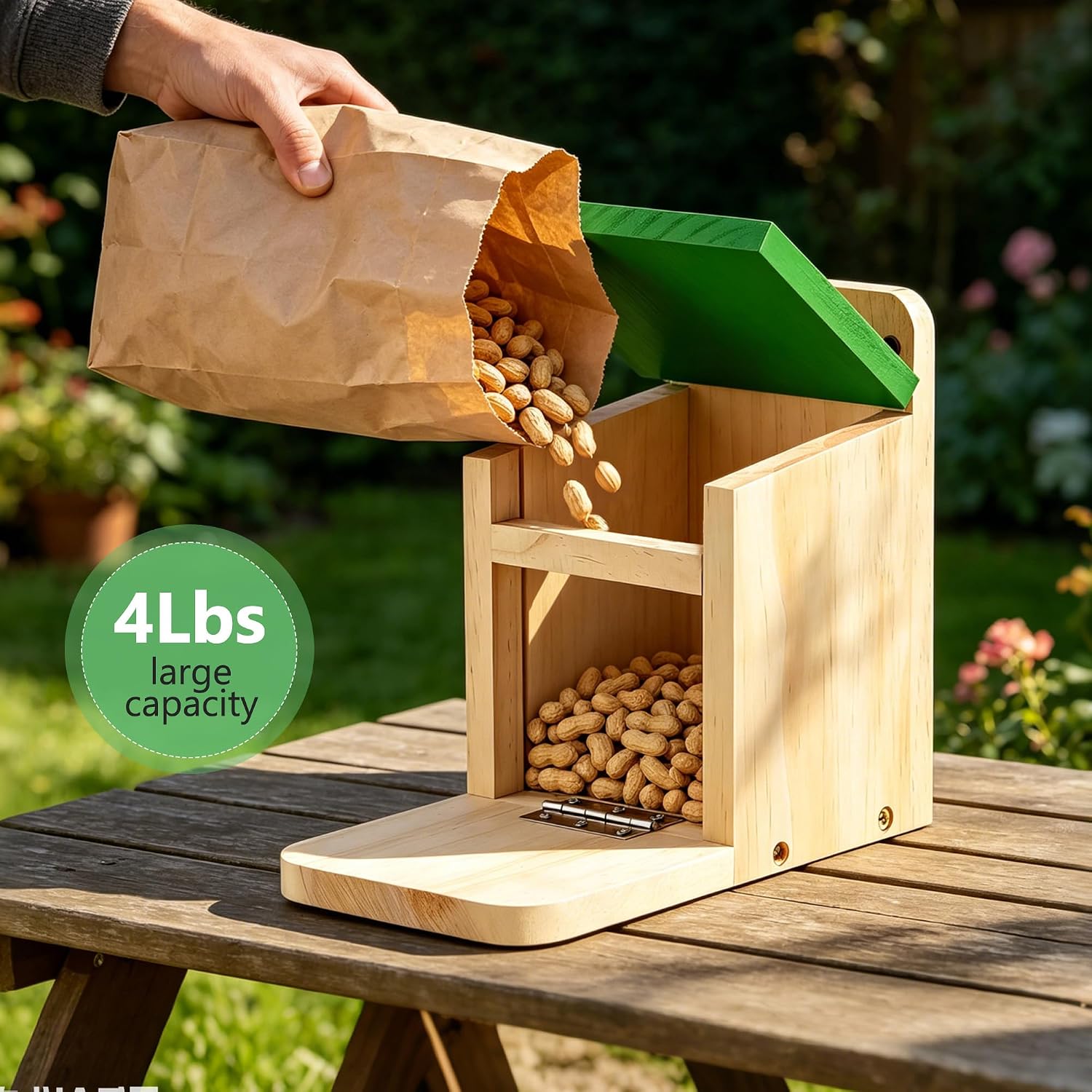 Squirrel Feeders for Outside Garden, Wooden Squirrel Feeder Box,Squirrel Feeding Stations with Green Cover, Easy to Fill Squirrel Feeding House(Green-1pk)