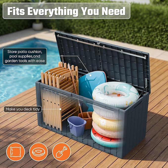 Greesum 110 Gallon Outdoor Storage Box with Lockable Lid, All-Weather Solution for Patio Furniture, Pool Supplies & Garden Tools, Waterproof, UV-Resistant Large Deck Box, Gray