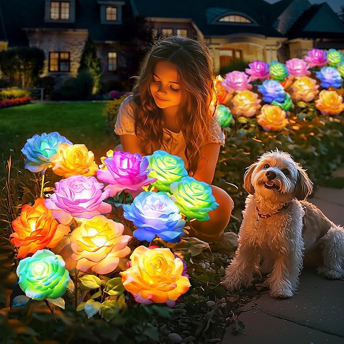 Solar Garden Lights Outdoor Waterproof: 6 Pack LED Solar Flowers Lights Garden Decor - 7 Color-Changing Spring Solar-Powered Stake Rose Decor for Patio Outside Yard Pathway Lawn Cemetery Decorations