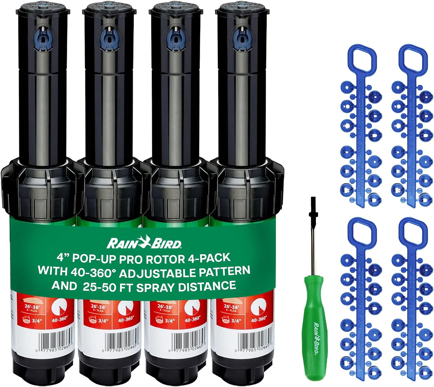 Rain Bird 5000 Rotor with Nozzle Tree 4 Pack + Rotor Screwdriver Tool | (5000RCTREE) + (CPRTOOL) 3/4 inch Inlet for Water Efficient 4 inch Pop Up, Adjustable 40 - 360 Degree Arc & 25 - 50 ft Radius