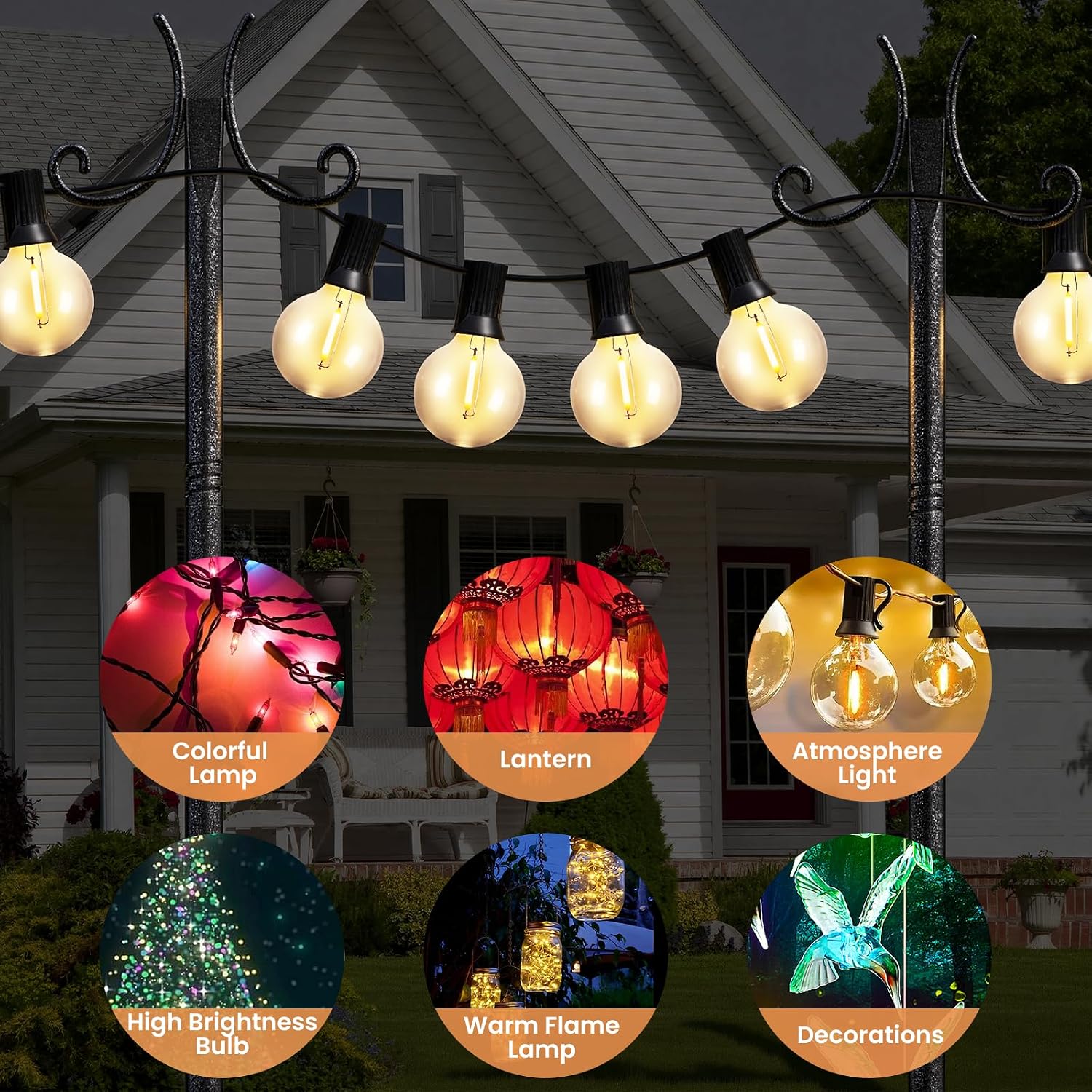 2 Pack String Light Poles for Outside, 10 FT Heavy Duty Metal Festoon Poles with 4-Prong Ground Stake, Adjustable Height Light Stand for Backyard Garden Patio Wedding Party