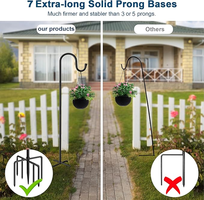 72" Shepherds Hooks for Outdoor, Heavy Duty Bird Feeder Pole with 7 Base Prongs, Adjustable Garden Hanging Holder for Bird Feeders, Solar Light Lanterns, Garden Plant Hanger Stands, 2 Packs