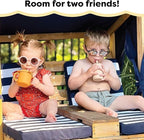 KidKraft Wooden Outdoor Double Chaise Lounge with Cup Holders, Kid's Patio Furniture, Honey with Navy and White Striped Fabric, Gift for Ages 3-8