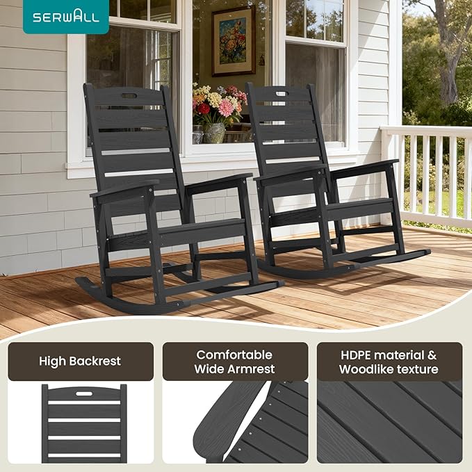 SERWALL Outdoor Rocking Chair Set of 4, Oversized HDPE Patio Rocking Chair with Footrest for Adults, All Weather Porch Rocker for Deck Patio Balcony, Gray