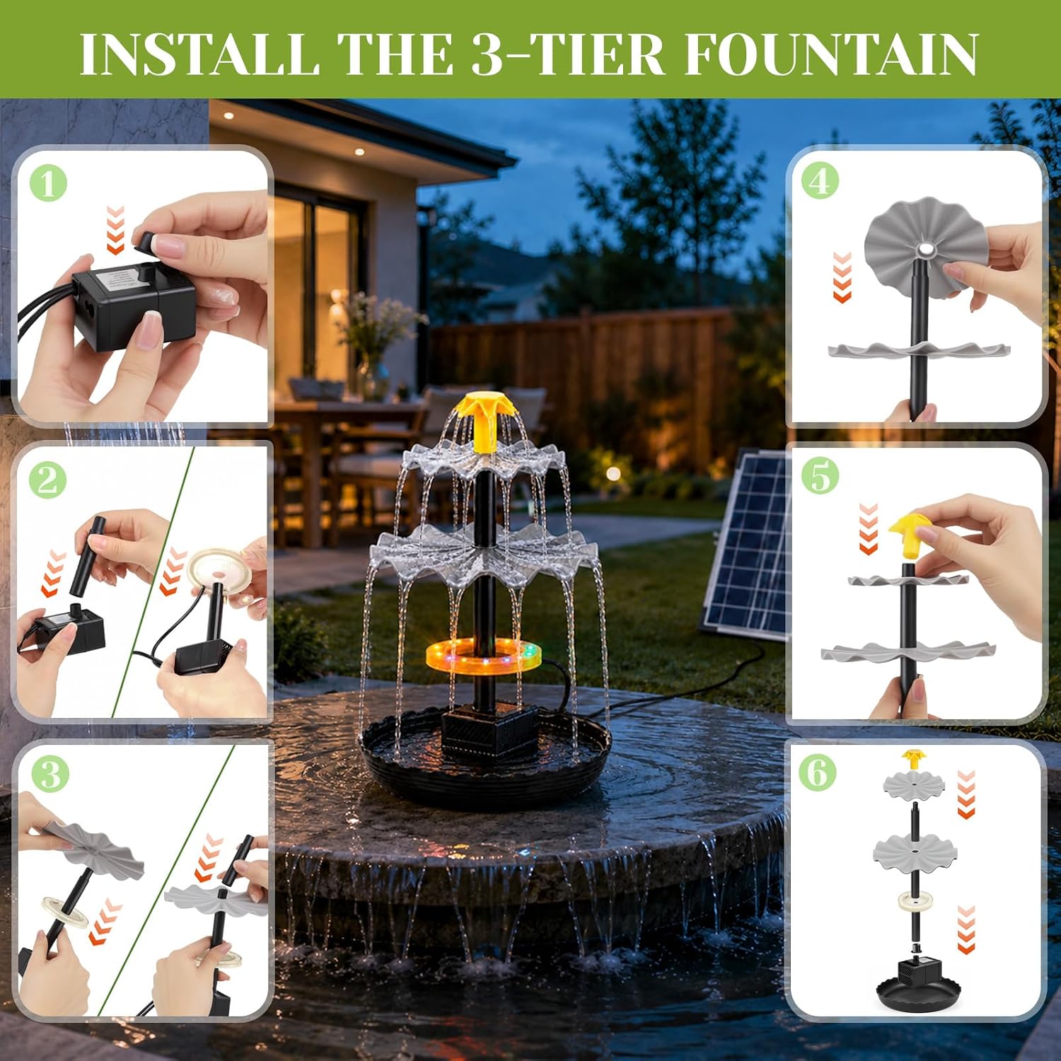 9V 6W Solar Fountain Pump, 3-Tier Waterfall & 3 Spray Nozzles, Solar Powered Water Fountain Solar Bird Bath Fountain for Small Pond, Patio, Garden