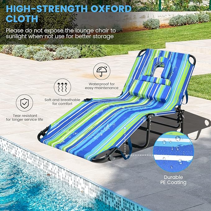 GYMAX Tanning Chair, 350lbs Beach Lounge Chair with Face Hole, Washable Pillow & Carry Strap, Adjustable Folding Chaise Lounge, Layout Lounger for Outside, Patio, Poolside, Lawn (2, Stripe)