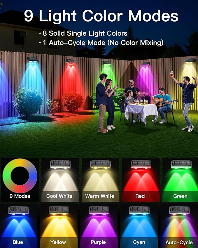 Solar Fence Lights Outdoor, 16 Pack IP65 Waterproof Fence Lights Solar Powered with Ultra-Bright LED Lens, 9 Color Modes, 12+ Hours Steady Glow for Deck/Backyard/Patio/Pool/Wall - Black