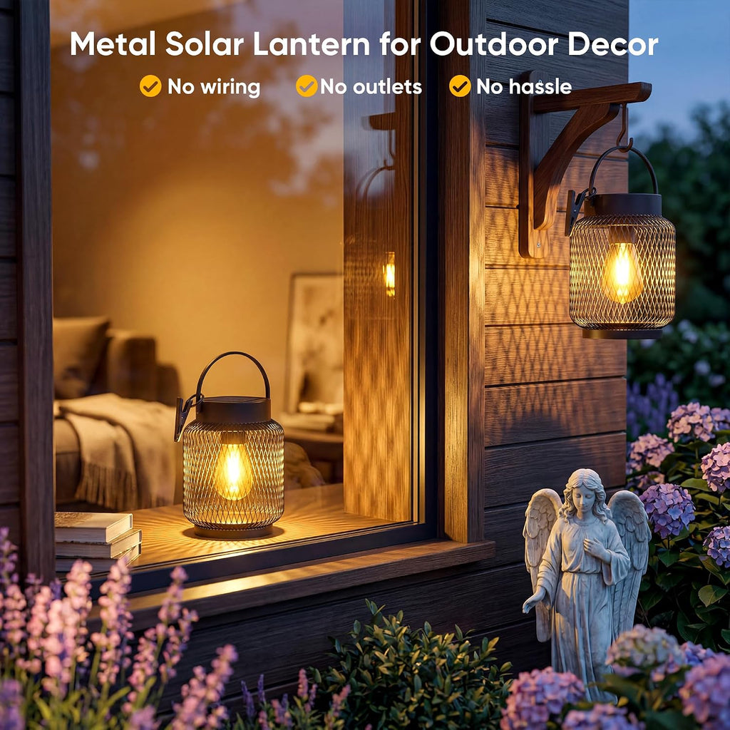 Hanging Solar Lanterns Outdoor Waterproof: 2 Pack Metal Accent Lights | IP65 Waterproof, Auto On/Off, Long-lasting 12-15hrs, Hang Or Clip For Patio Table, Warm Ambiance, No Wiring, 800mah Battery