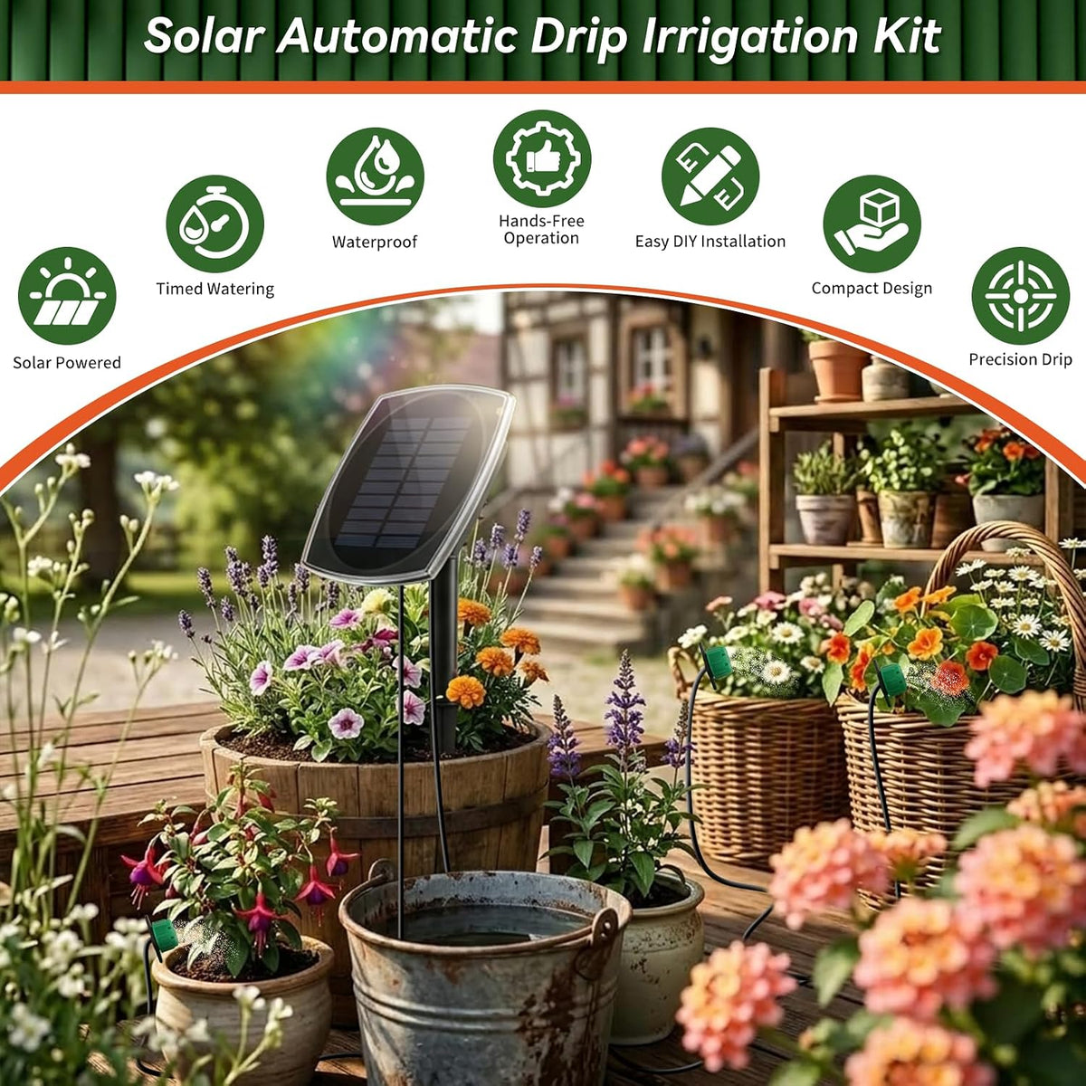 49.21ft solar drip irrigation system kit, automatic watering showing dimensions