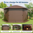 13x13FT 6-Sided Pop Up Gazebo Tent，One-Push Setup Canopy Tent with Removable Canopy Top & Wind Cloths, Outdoor shelter for Camping, Backyard Parties, Outdoor Events - Beige & Khaki