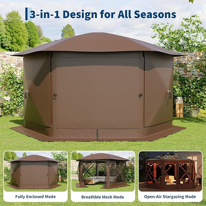 13x13FT 6-Sided Pop Up Gazebo Tent，One-Push Setup Canopy Tent with Removable Canopy Top & Wind Cloths, Outdoor shelter for Camping, Backyard Parties, Outdoor Events - Beige & Khaki