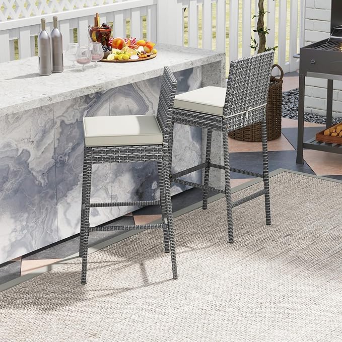 HAPPYGRILL Patio Wicker Barstools Set of 4, Outdoor Bar Height Chair w/Soft Seat Cushion & Cozy Footrest, Heavy-Duty Metal Frame, 400 lbs Max Load, Rattan Armless Bar Chairs