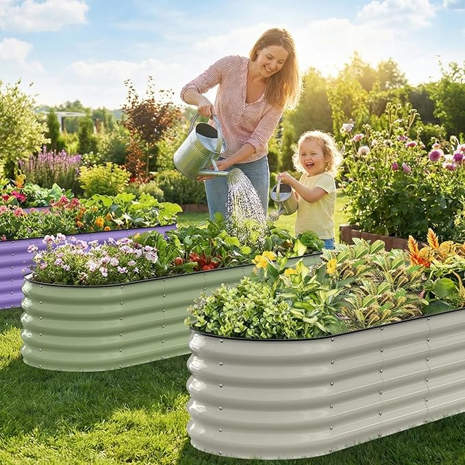 Kesfitt Raised Garden Bed, Metal Galvanized Steel Oval Garden Bed 8x2x1.5 ft with 18-Inch Deep Open-Bottom Design for Outdoor Vegetable Gardening, Pearl White