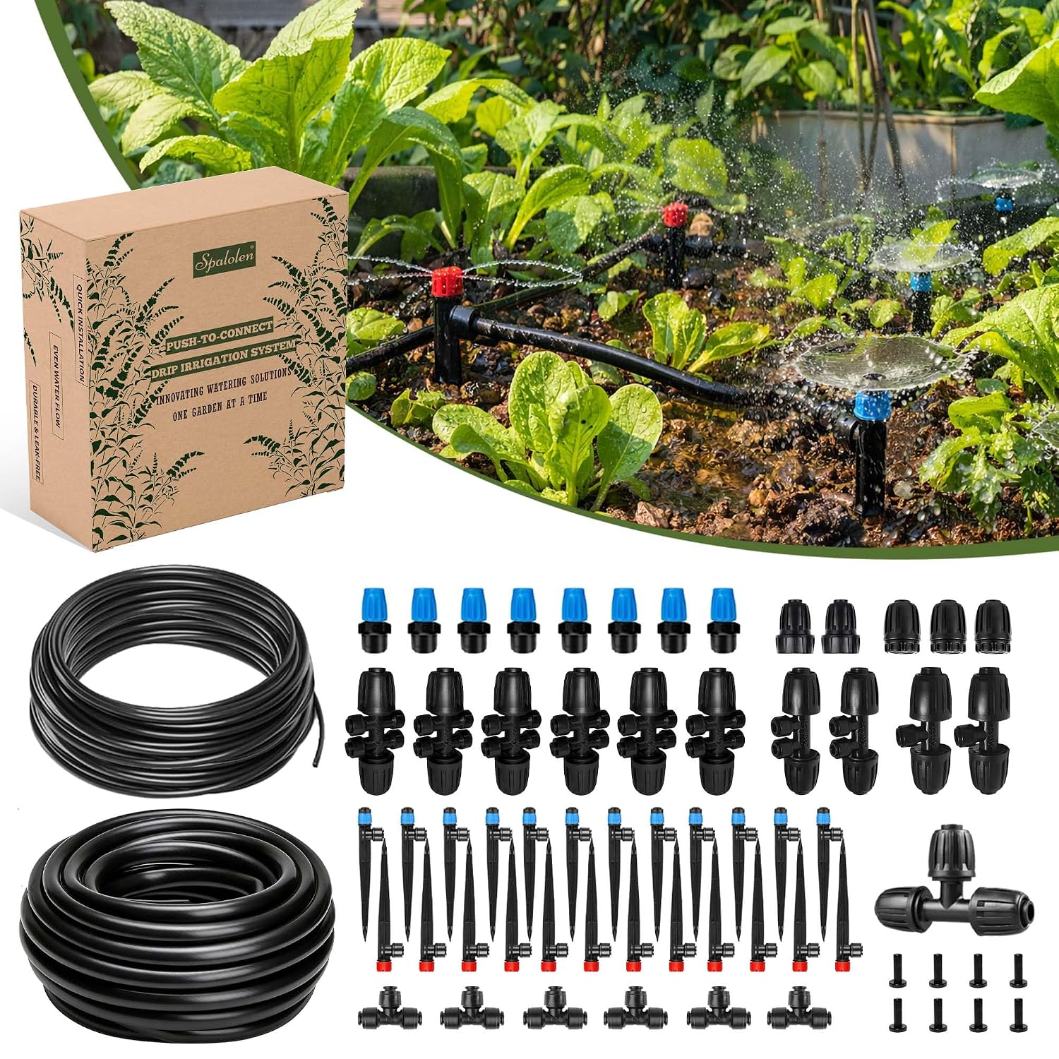 Push-to-Connect Drip Irrigation System Kit, 2-Zone Garden Watering System with 50FT 1/2" Mainline, Leak-Resistant Quick Connect Fittings, Adjustable Emitters for Raised Beds, Greenhouse
