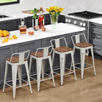 WENTMENT Bar Stools Set of 4 Counter Height Bar Stools Metal Barstools with Removable Back 30" Kitchen Bar Stools with Wooden Seat, Distressed White