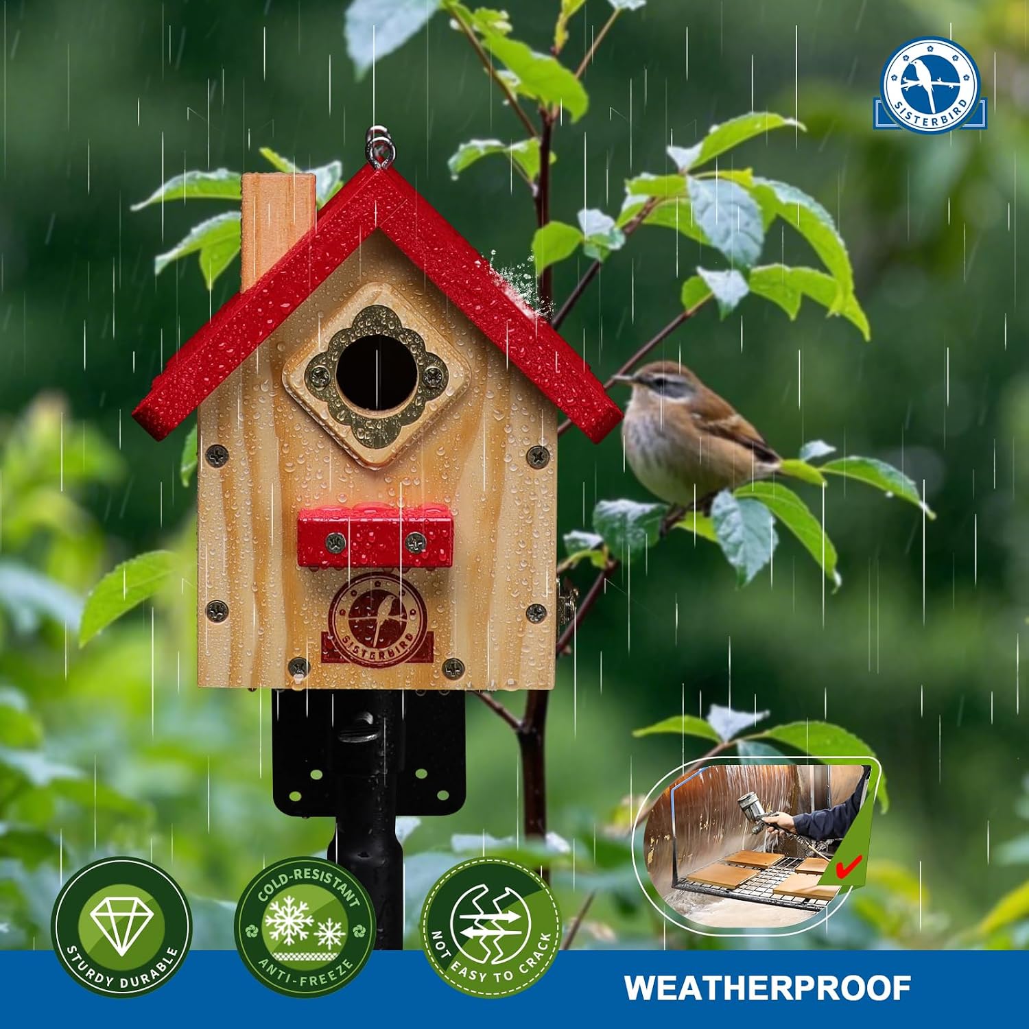 SISTERBIRD Wren Bird House, Premium Wooden Bird Houses for Outside, Classic Cabin Design Birdhouses for Outdoors, Hanging Bird House, Red-Breasted Nuthatch Wren Chickadee