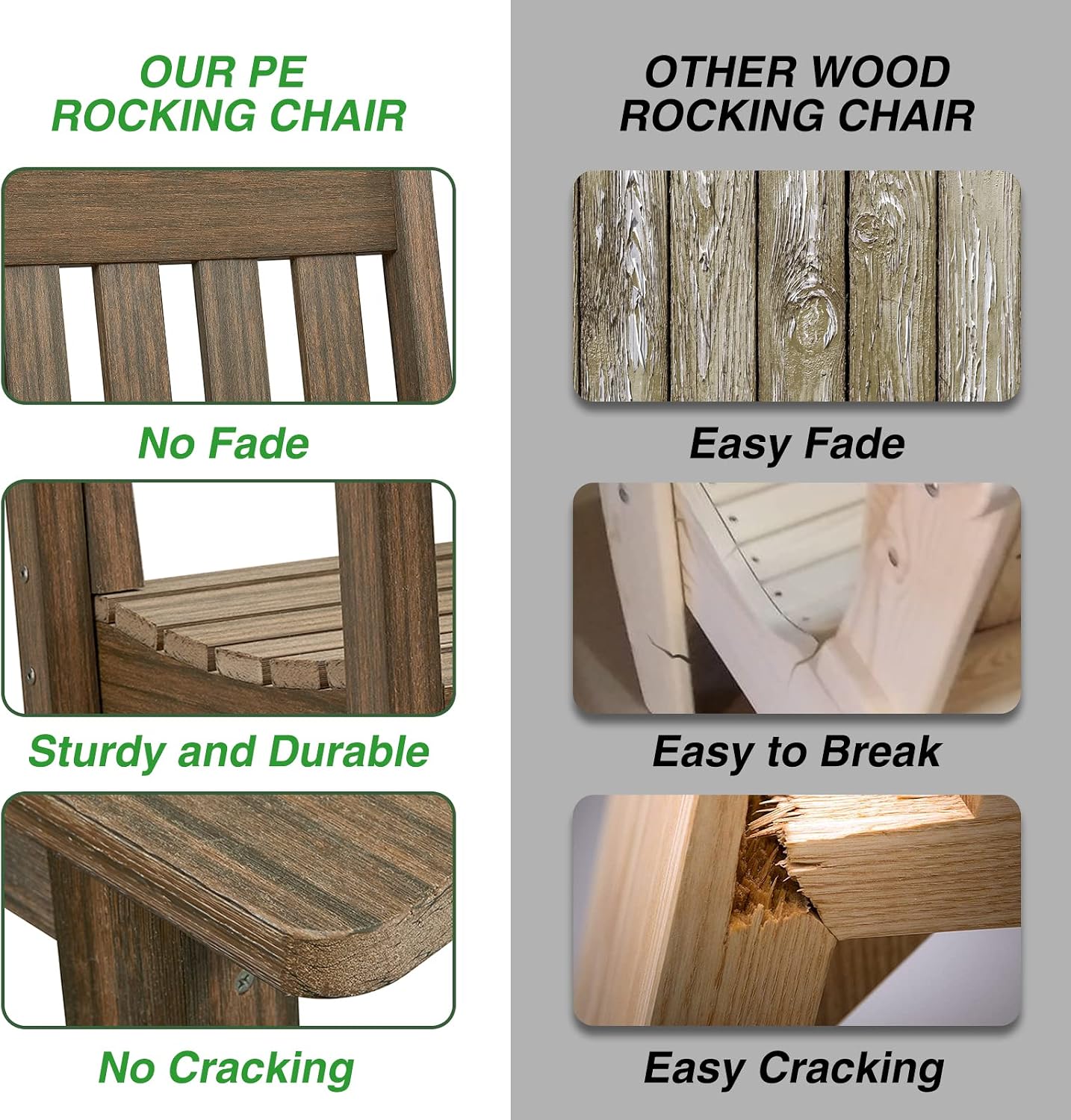 Oversized Outdoor Rocking Chair, Porch Rocker with High Back, Brown | HDPE Patio Rocking Chairs, Weather Resistant & 350lbs Heavy Duty Porch Rocker with High Back for Backyard,Garden and Balcony