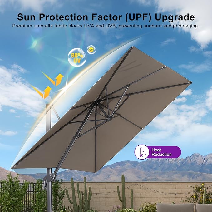 PURPLE LEAF Patio Umbrella 8' X 8' Rectangle Cantilever Umbrella Large Aluminum Outdoor Umbrellas with 360-degree Rotation & UPF40+ Premium Fabric for Deck Pool Garden Yard, Ash Mocha