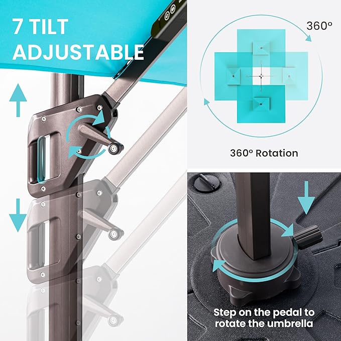 10 X 13 FT Cantilever Patio Umbrella with LED Lights Outdoor Heavy Duty Double Top Windproof Rectangle Offset Umbrellas with 360-degree Rotation for Pool Deck Backyard, Turquoise