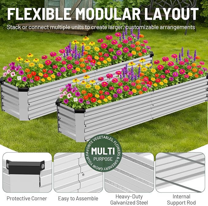 2 Pack 8x2x1FT Galvanized Metal Raised Garden Bed Kit for Vegetables, Herbs, Open-Bottom Large Capacity Outdoor Planter Box Gardening Stakes, Silver