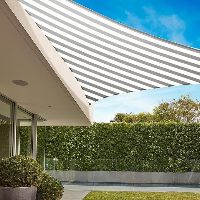 E&K Sunrise 25' x 25' x 25' Sun Shade Sail Triangle Canopy Shade Cover UV Block for Patio Backyard Garden Outdoor (Gray White Strip)