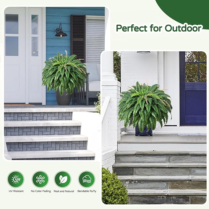 49” Artificial Ferns for Outdoors Planter, 128 Leaves per Fern, Set of 2, Large Lush Fake Boston Ferns Hanging Plants, UV Resistant Faux Greenery for Porch Patio Garden Home Decor Indoor Outdoor