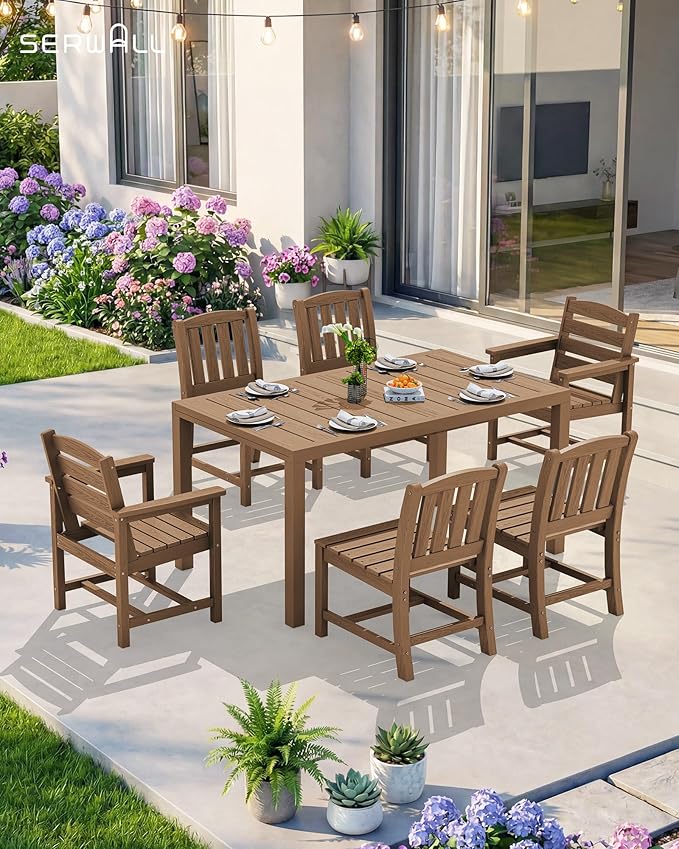 SERWALL 7-Piece Outdoor Dining Set, 60" - 83" Expandable Outdoor Dining Table and 6 HDPE Chairs, All Weather HDPE Outdoor Furniture Set for Backyard, Garden, Brown