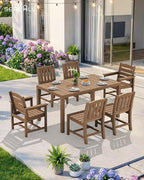 SERWALL 7-Piece Outdoor Dining Set, 60" - 83" Expandable Outdoor Dining Table and 6 HDPE Chairs, All Weather HDPE Outdoor Furniture Set for Backyard, Garden, Brown