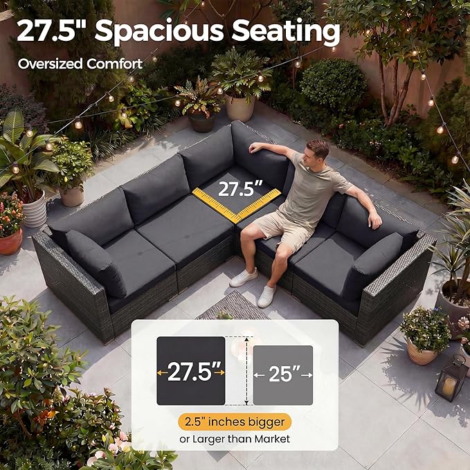 NICESOUL 6 Piece Outdoor Patio Furniture Set with Fireplace Table Natural Gas & Propane, 29.3'' High-Back L Shaped Sectional Sofa Set, Large Deep Seated Modern Conversation Couch for Tall People, Gray
