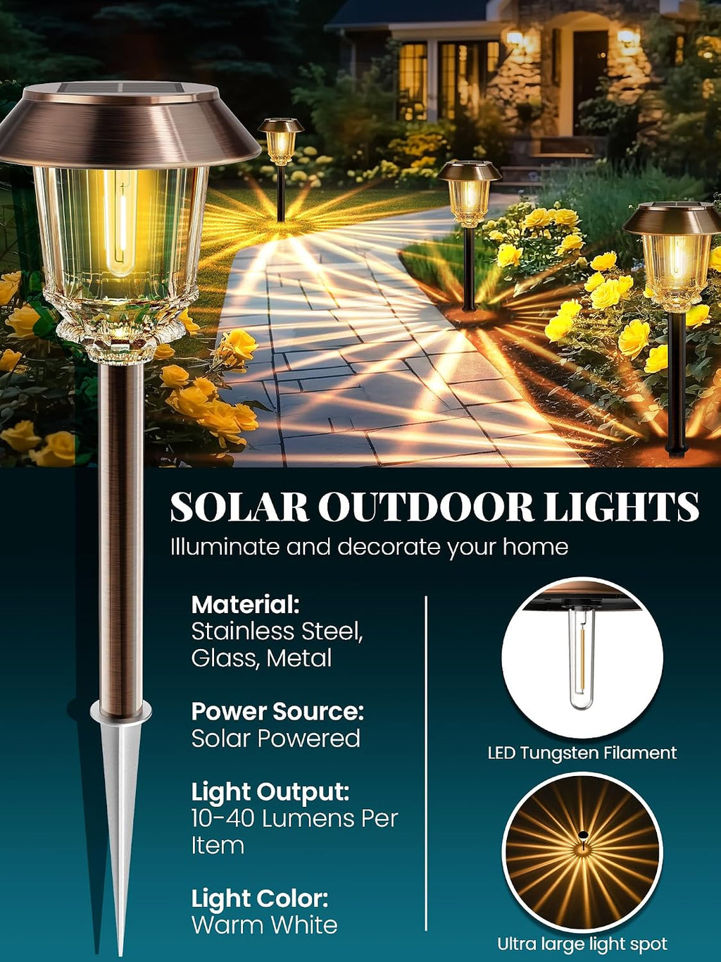 Solar Lights Outdoor Waterproof,10-40 LM Dimmable Glass and Metal | 4 Pack Bronze Pathway Lights, Solar Powered Garden Decor for Yard, Patio, Pathway, Driveway (Warm White)