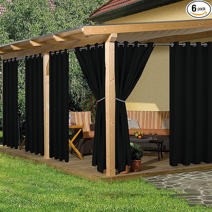HolidayIdeas Waterproof Outdoor Curtains for Patio, 6 Panels - 54x108 Inches - Weatherproof Privacy Outsides Curtains for Backyard Porch Gazebo, Sunlight & UV Blocking (Black, Grommet Top)