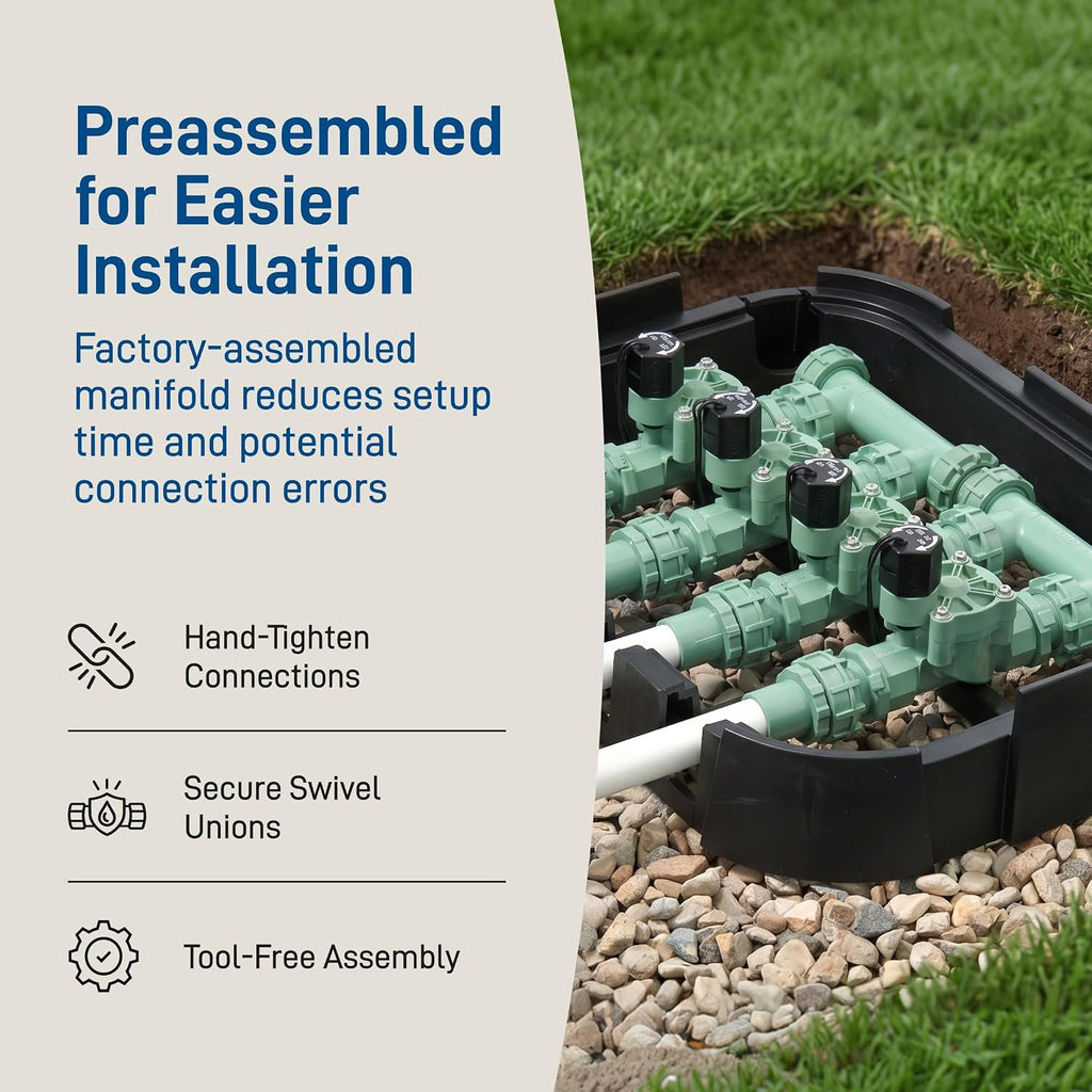 Orbit 57257 4-Valve Preassembled Sprinkler Manifold – Easy Install, Smart Controller Compatible, Works with PVC & Poly Pipe, Includes 4 in-Line Valves