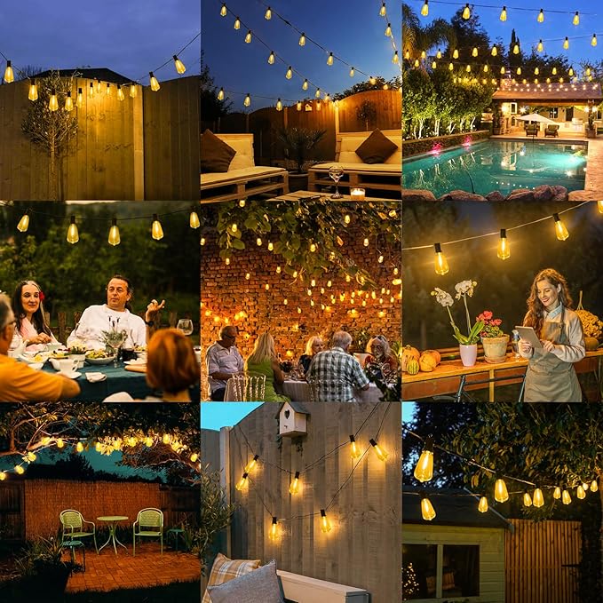 Brightever LED Outdoor String Lights 100FT Patio Lights with 52 Shatterproof 2200K ST38 Vintage Edison Bulbs, Amber Outside Hanging Light Waterproof for Porch, Deck, Garden, Dimmable Amber Lights