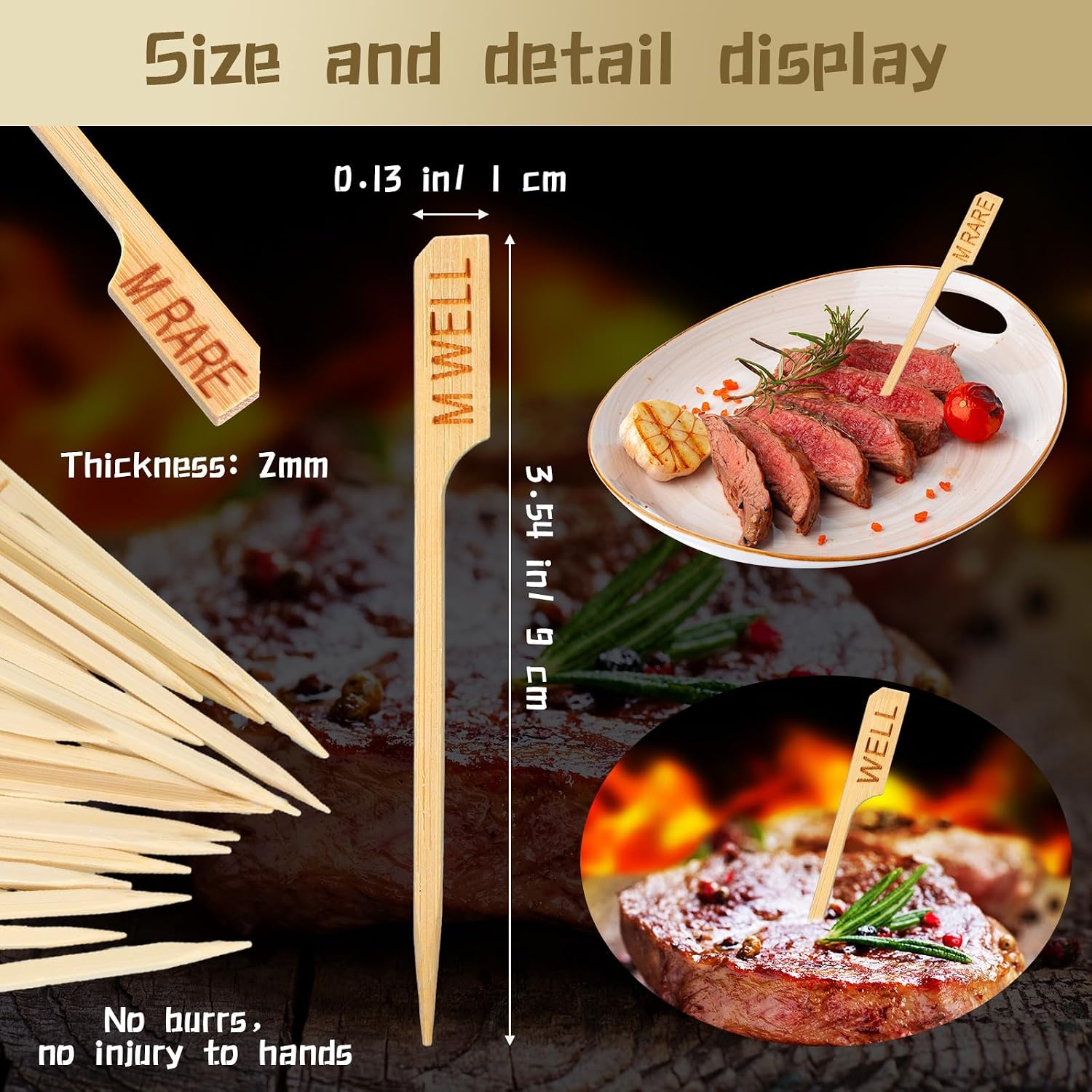 Soaoo 500 Pcs 3.5" Assorted Bamboo Wood Temperature Picks Steak Temperature Sticks Meat Doneness Steak Markers Bamboo Paddle Skewers Sticks for BBQ Barbecue Party Cocktail Fruit Grilling Roasting