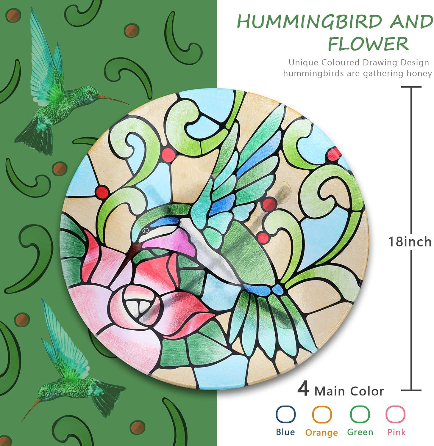 MUMTOP Glass Bird Bath Outdoor with Metal Stand, Garden Feeder, Hummingbird | Glass Large Bird Baths Bowl with Metal Stand for Outdoors, Hummingbird Patterns Bird Feeder for Outside Garden, Patio Decor